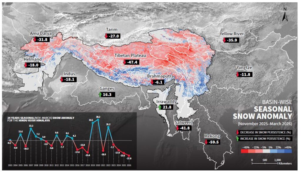 Anomalie delle nevicate nell'Hindu Kusk Himalaya. Fonte ICIMOD
