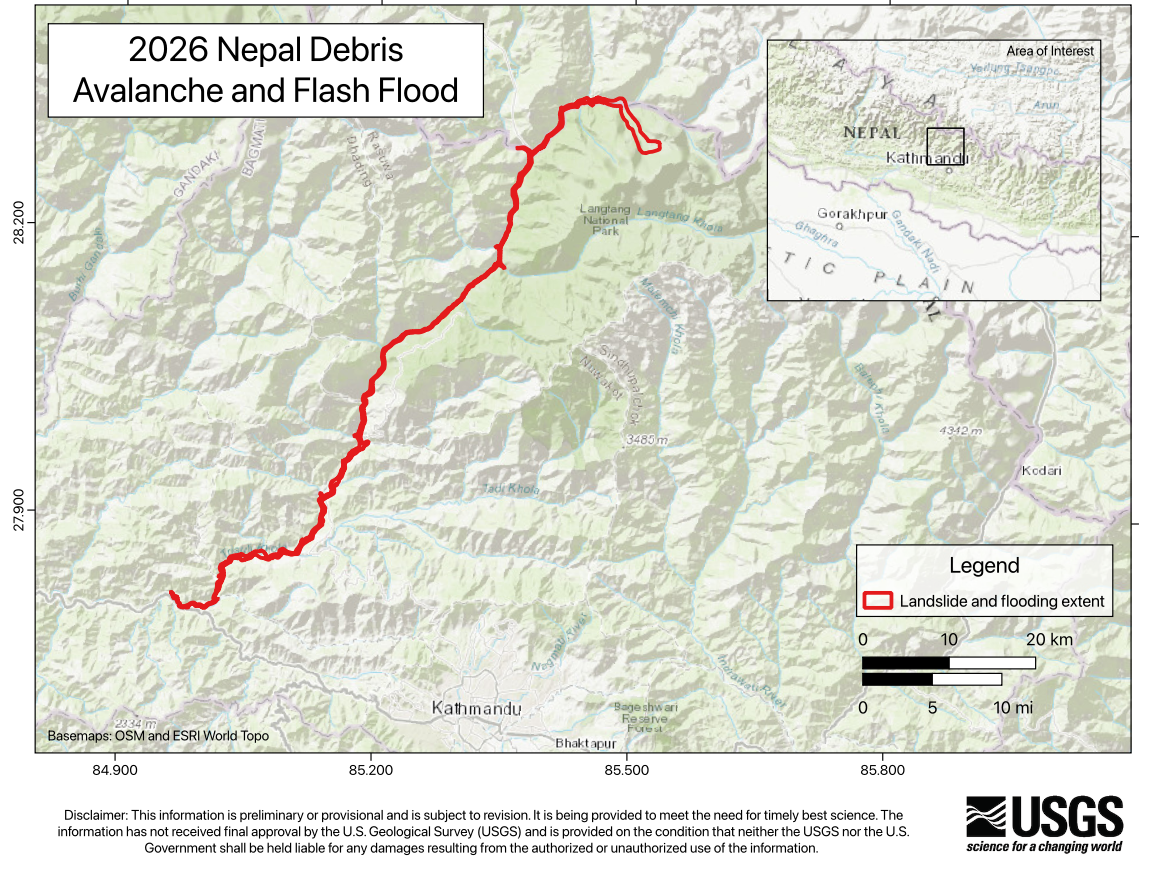 Valanga e inondazione, Nepal, 26 agosto 2026, mappa USGS